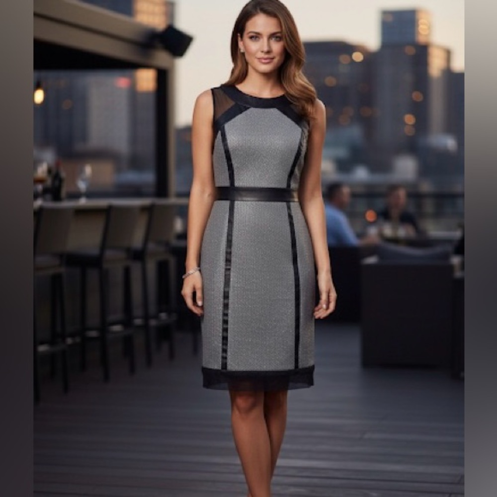 Milly Black Lambskin Leather & Metallic Silver Knit Dress Size 10.